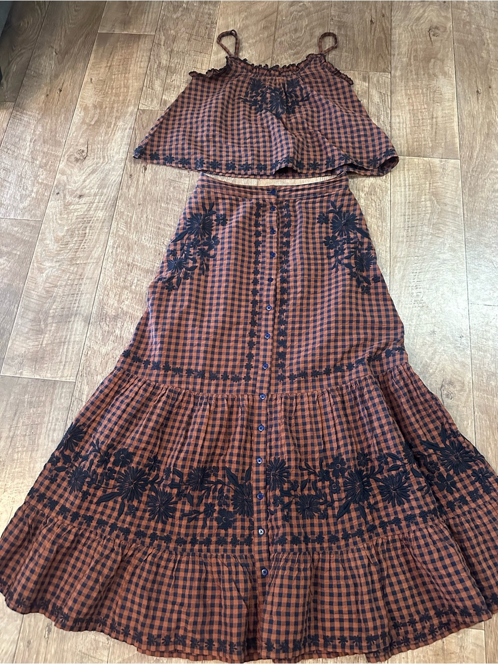 NATURAL LIFE Rust and Black Gingham Embroidered Two-Piece Skirt Set